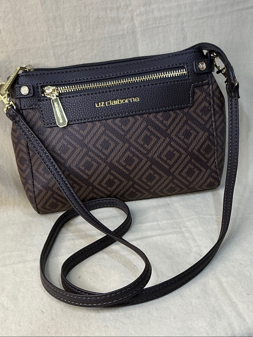 Liz Claiborne Dark Brown Patterned Crossbody with Gold Hardware